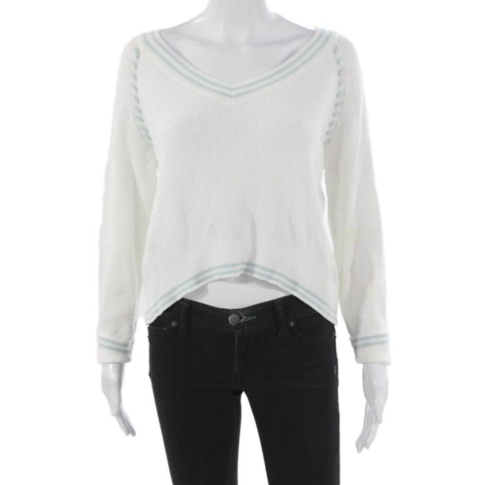 Central Park West Women Striped V-Neck Sweater Cotton Blend Long Sleeve Size S